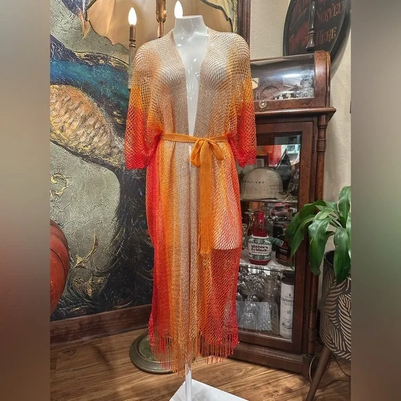 Boho Sunset Ombre Mesh Maxi Kimono Cover-Up Fringe Festival Beach Party O/S - Picture 2 of 11